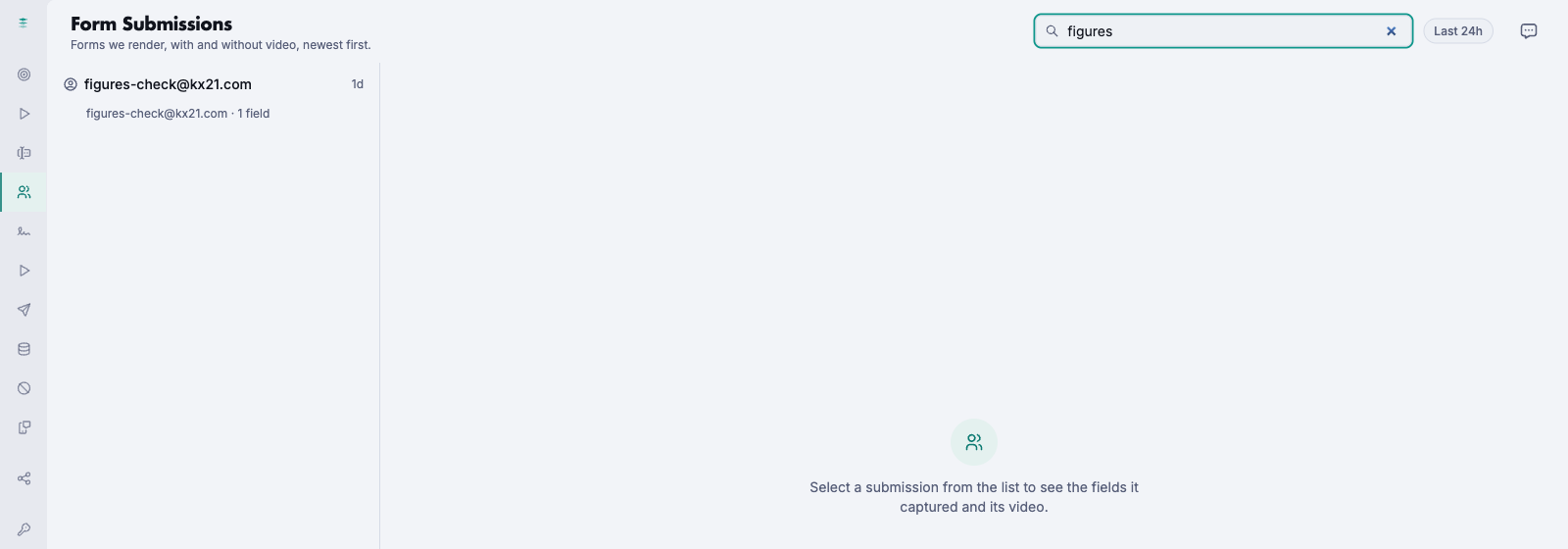 The Form Submissions screen filtering live as a search query is typed, narrowing the list to one matching capture