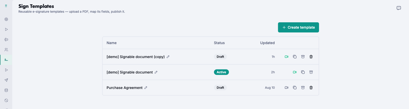 The Sign Templates screen: reusable e-signature templates with draft and active status, and a Create template button