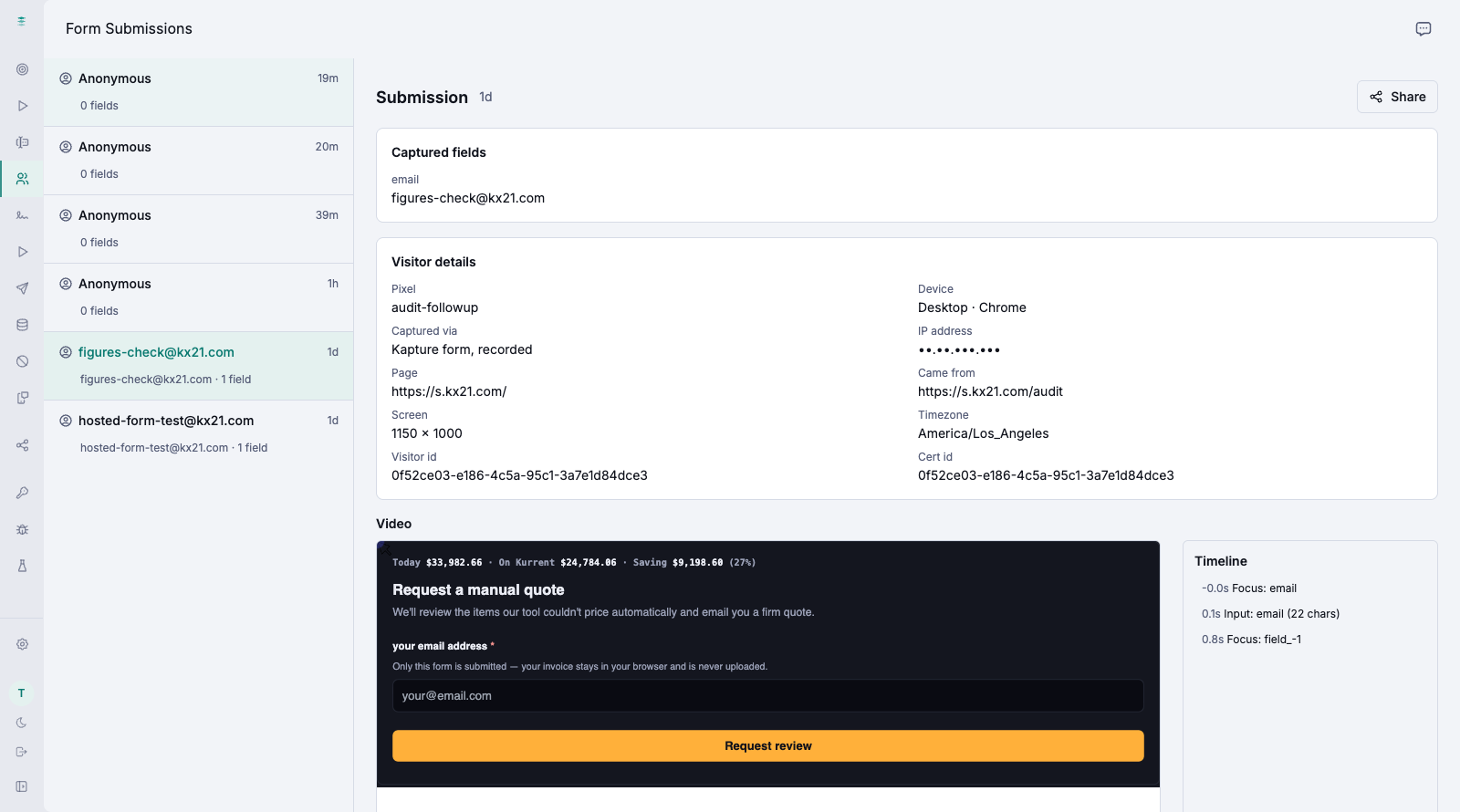 An opened submission showing the captured fields, visitor details, the session video and an interaction timeline
