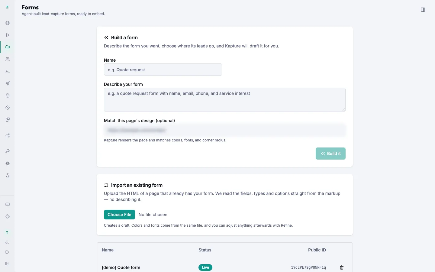 The Kapture Build a form screen