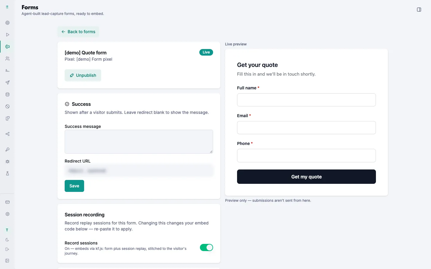 The Kapture Form settings screen