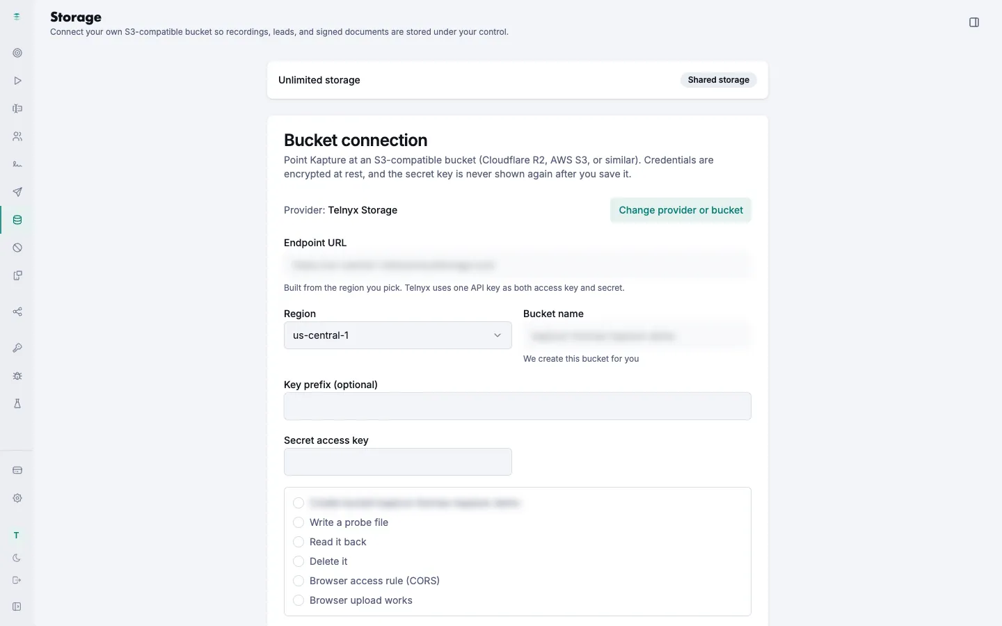 The Kapture Storage screen