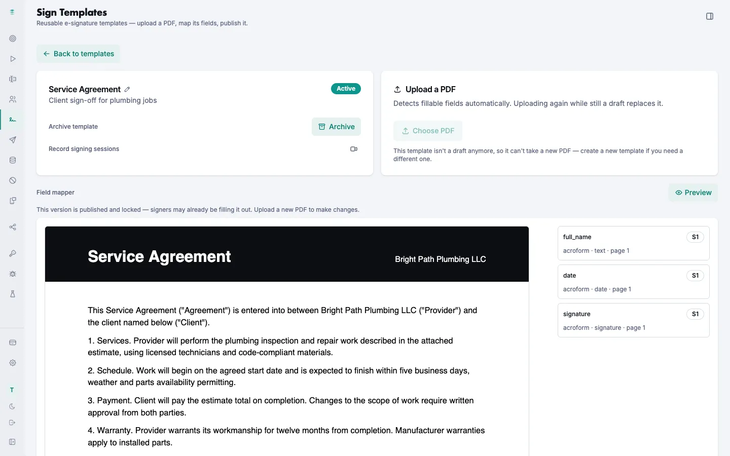 The Kapture Sign templates screen