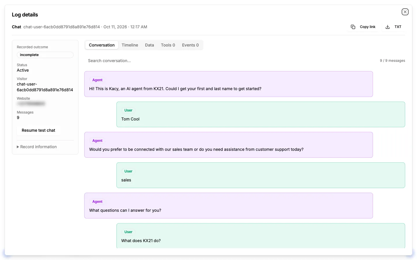 The Komms Chat detail screen