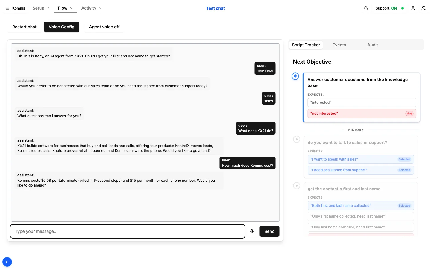 The Komms Test chat screen