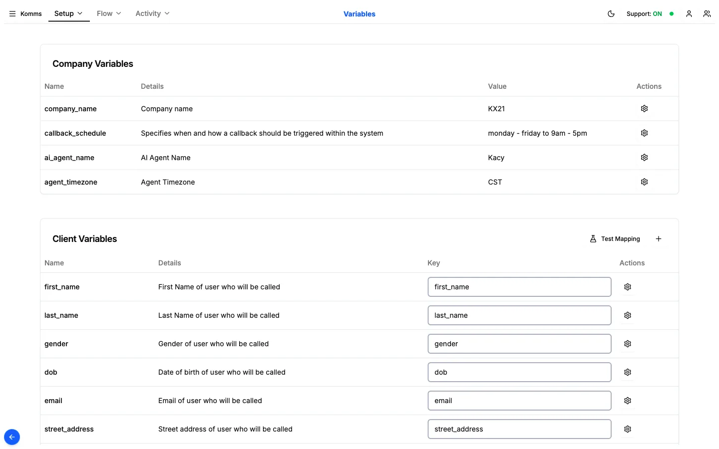 The Komms Variables screen