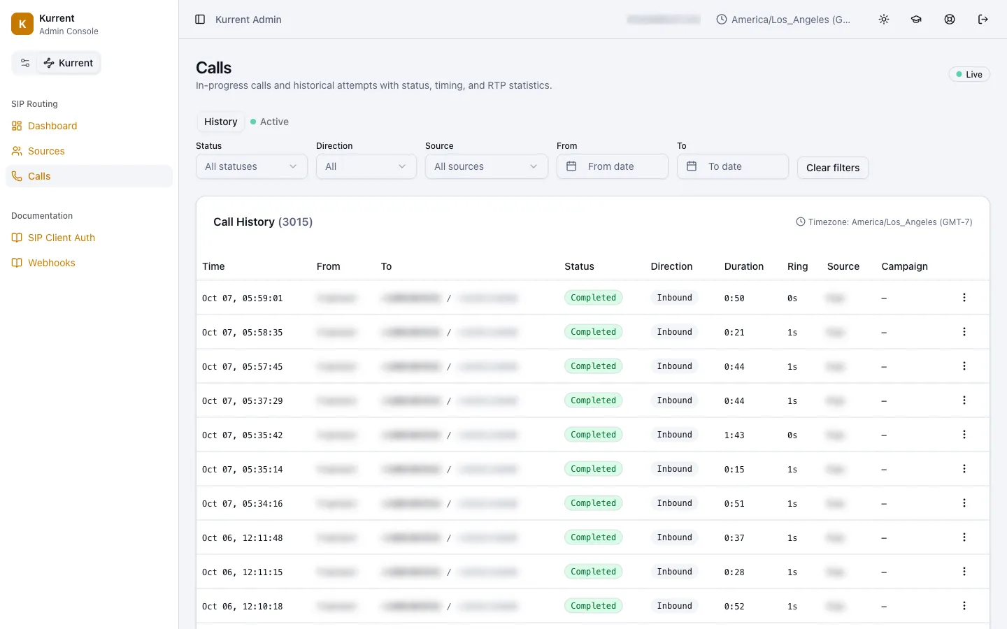 The Kurrent Call history screen