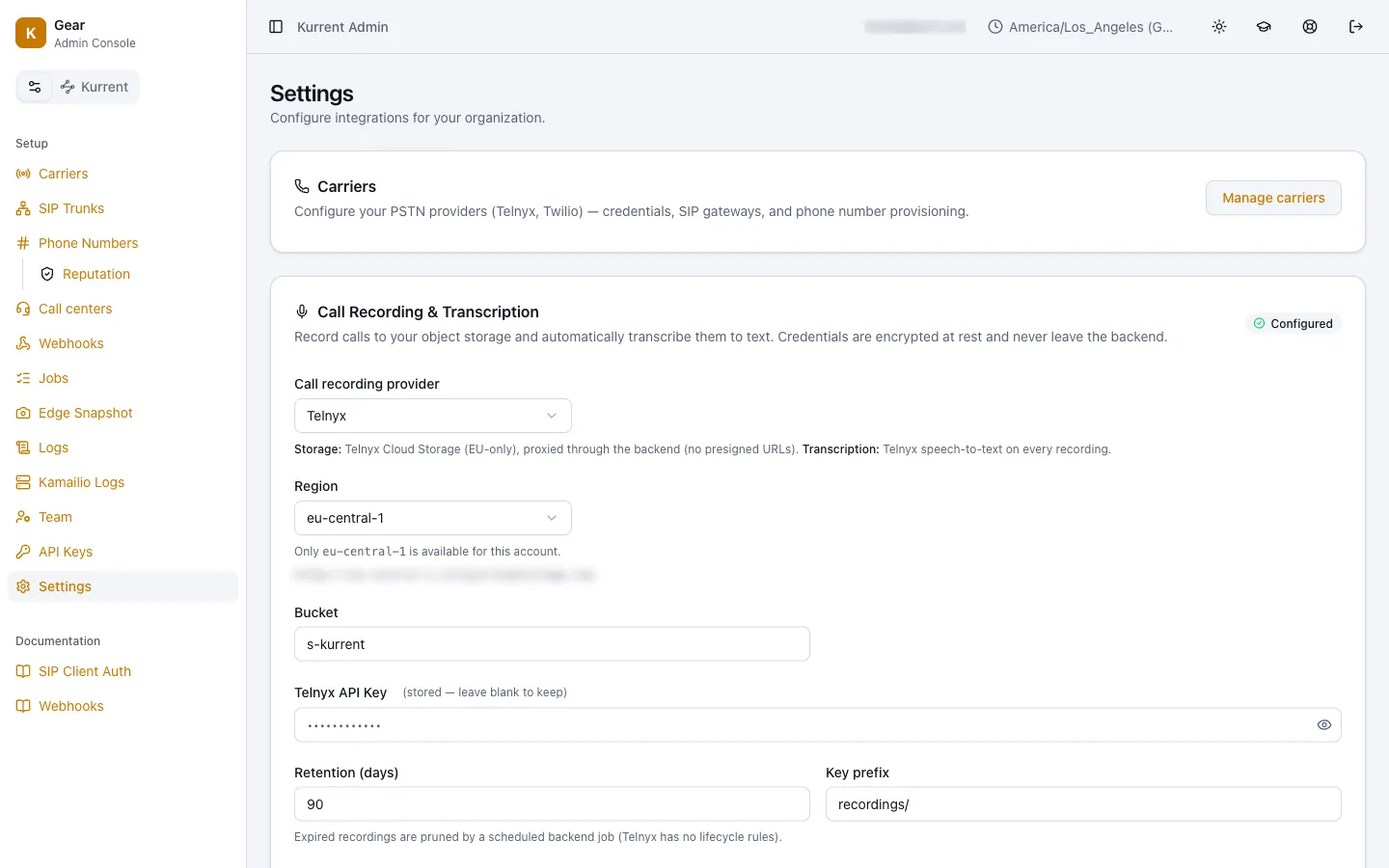 The Kurrent Recording and transcripts screen