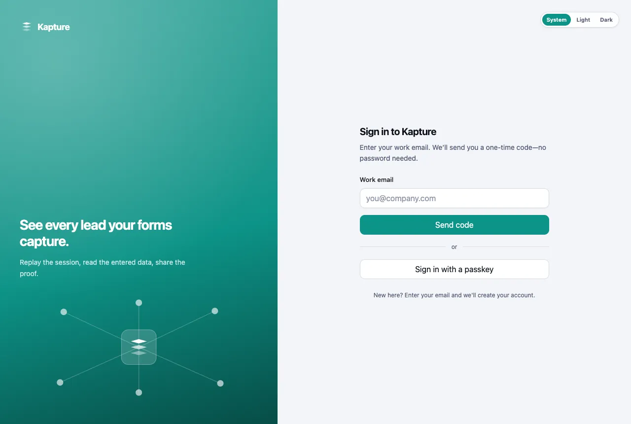 The Kapture sign-in page asking for a work email