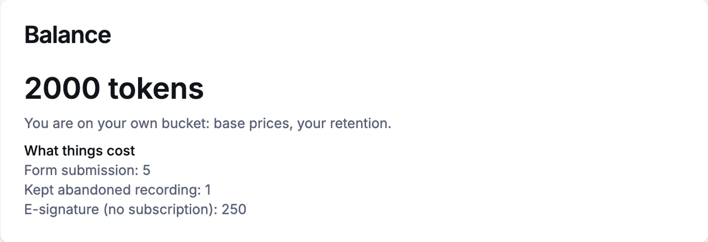 The Kapture billing page showing a balance of 2,000 tokens