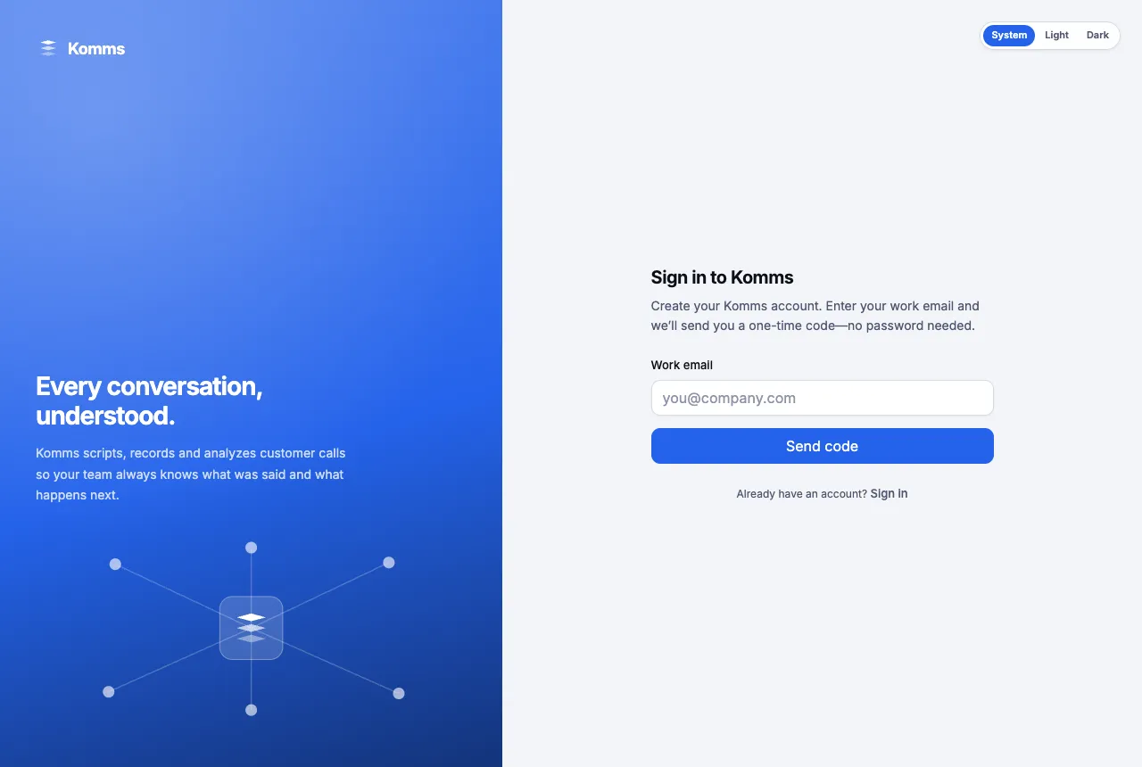 The Komms sign-up page asking for a work email