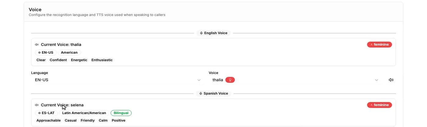 Komms campaign settings with English and Spanish voices